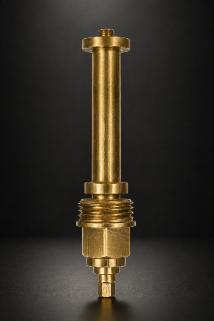 Premium CNC machined long brass faucet spindle with precision BSP threads for compression taps and plumbing valve assemblies.